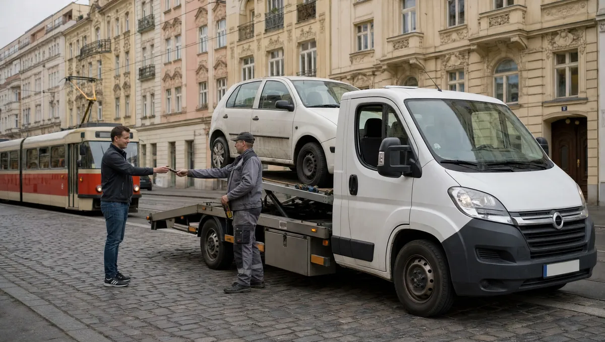 Odtahový vůz nakládá Škodu Fabii ve Vršovicích