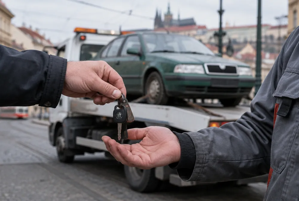 Majitel předává řidiči odtahovky jen klíčky od auta, doklady zůstávají u něj