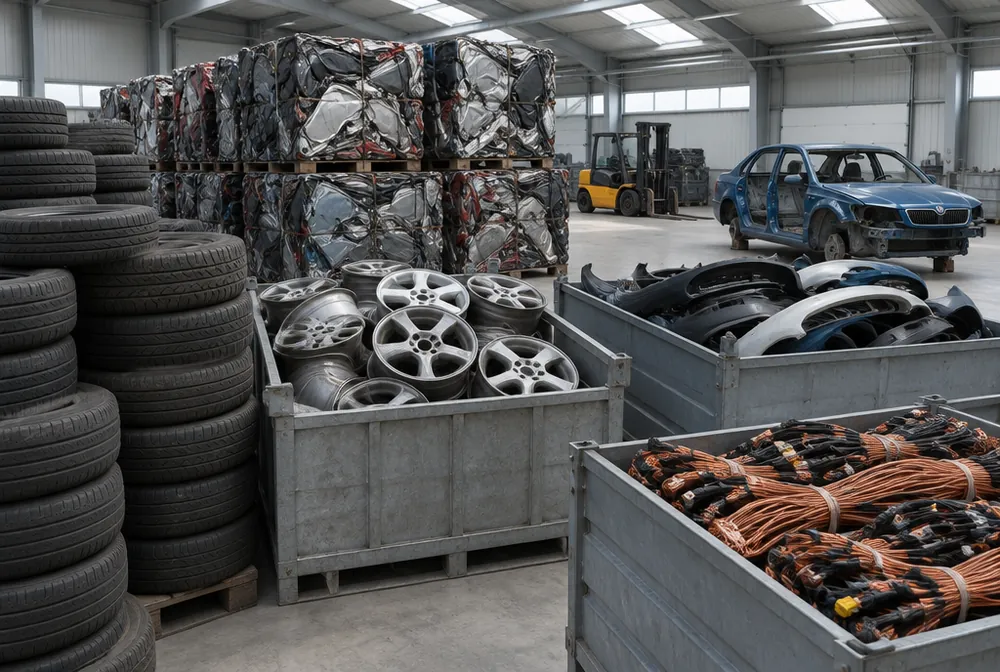 Roztříděné materiály z autovraků: pneumatiky, hliníková kola, slisované karoserie, plasty a kabely