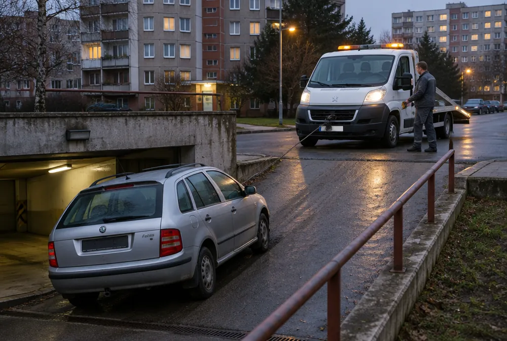 Naviják odtahovky vytahuje Škodu Fabii combi z podzemní garáže panelového domu v Záběhlicích