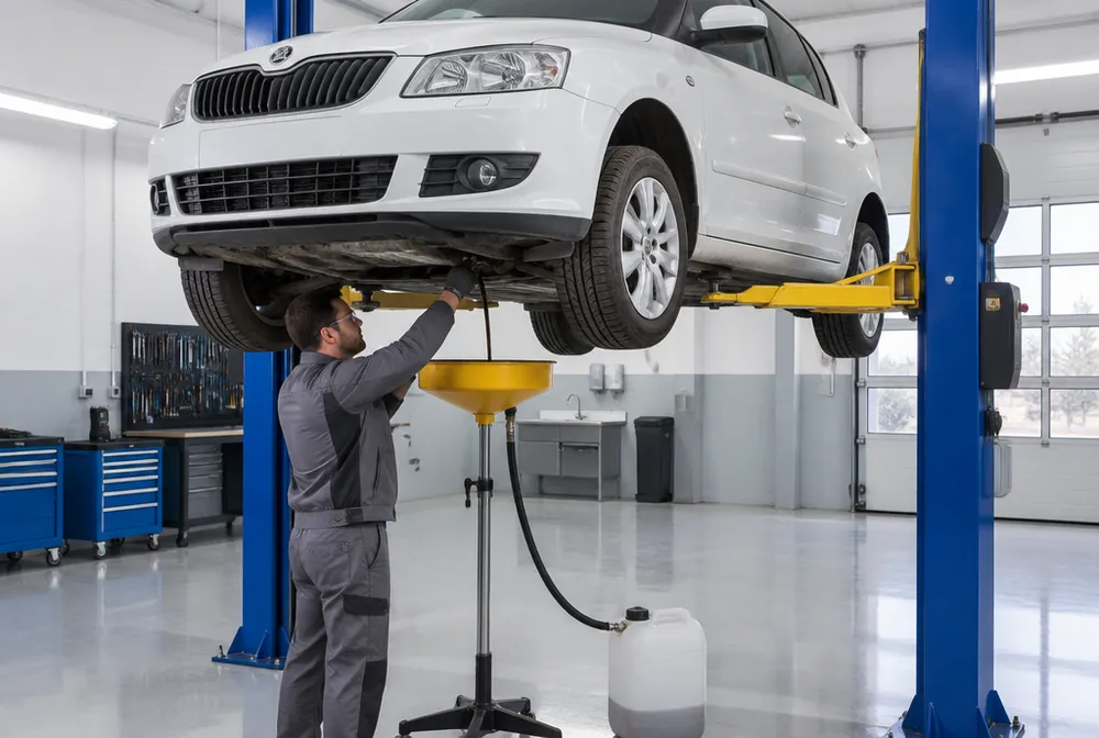 Technik vypouští motorový olej z vany motoru Škody Fabie na zvedáku do sběrné nádoby