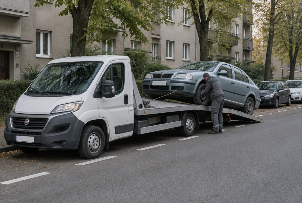 Bílý odtahový vůz do 3,5 t naviják vytahuje starou Škodu Octavii na plošinu ve Strašnicích