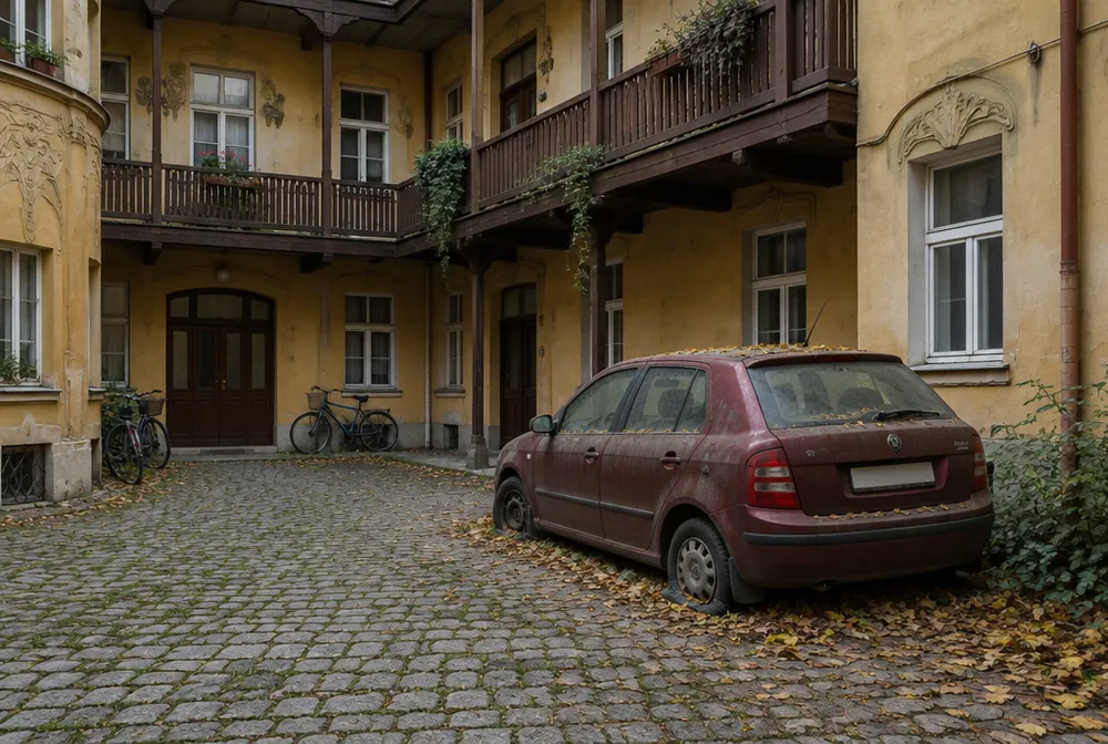 Zaprášená Škoda Fabia stojí roky ve dvoře činžovního domu na Vinohradech
